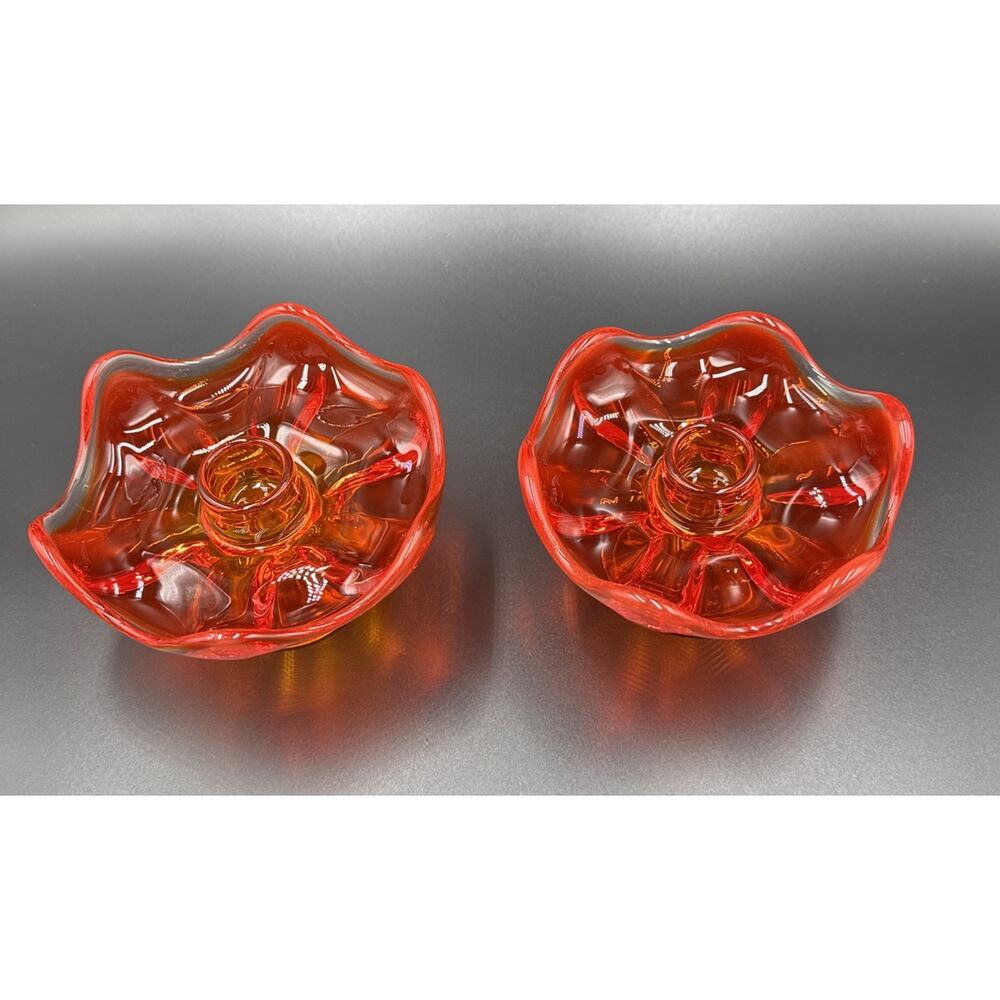 MCM VIKING Persimmon Amberina 6 Petal Candle Holders GLOW - Picture 2 of 10